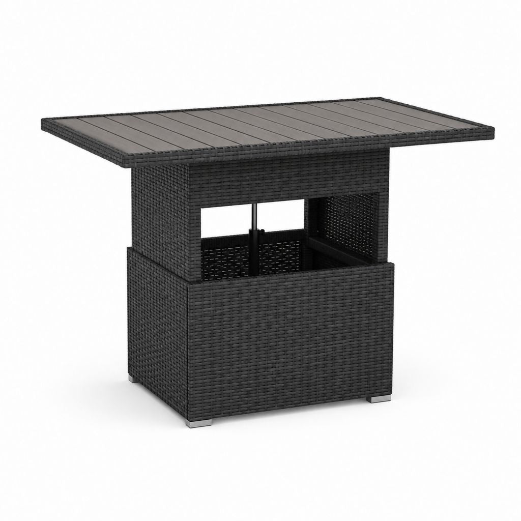 Rechteckiger Gartentisch aus Polyrattan PE und massivem Akazienholz, schwarz und grau, 100 × 60 × 44-74 cm