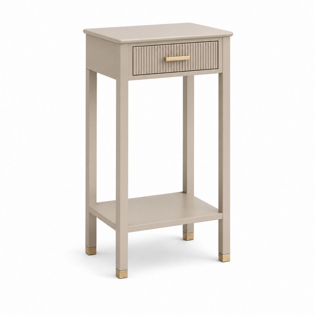 Couchtisch mit engen Konsolen aus Holz mit Schublade und Regal, Turteltaube und Gold, 40 × 30 × 80 cm