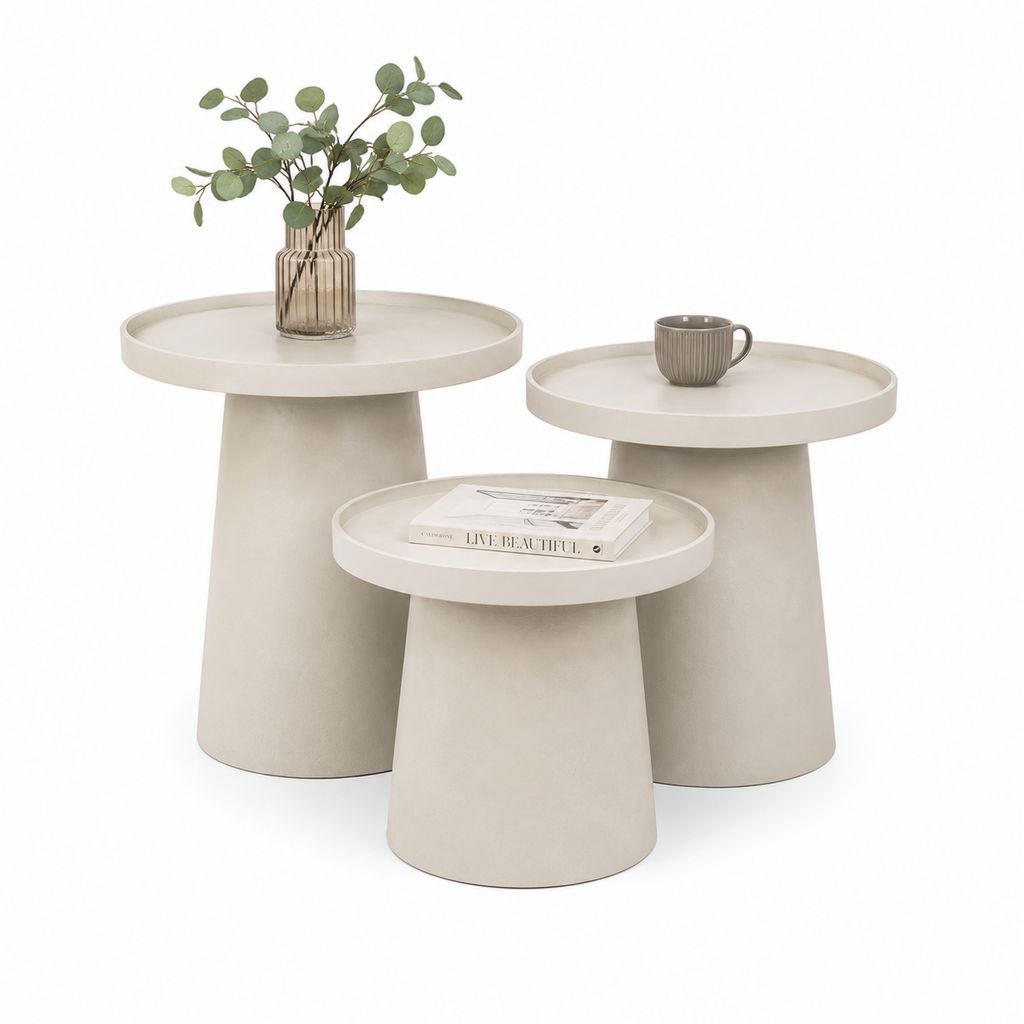 Set mit 3 runden Tischen aus Stahl beige, Ø50 × 55 cm, Ø45 × 50 cm und Ø40 × 38 cm