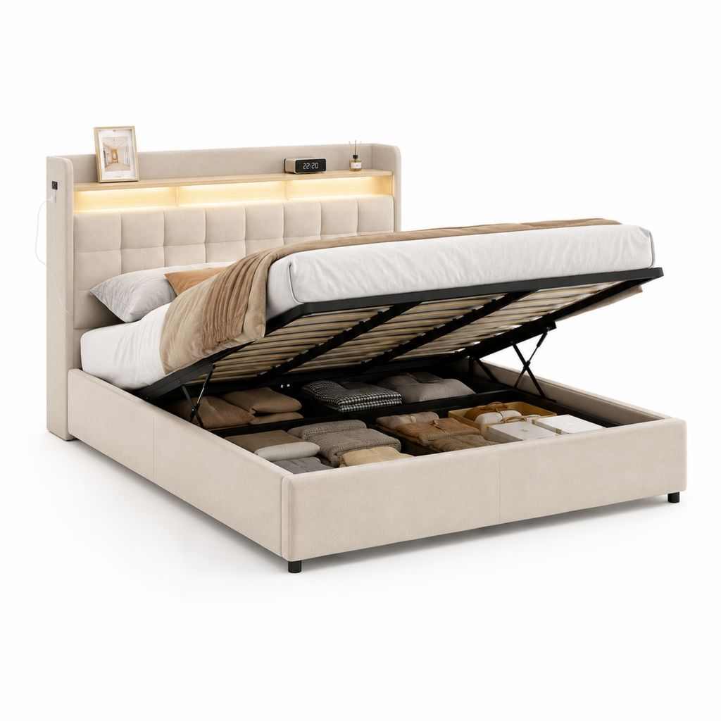 Doppelbett Container 160 × 200 cm beige Stoff mit Lattennetz, gepolstertem Kopfteil, LED, USB und Regale
