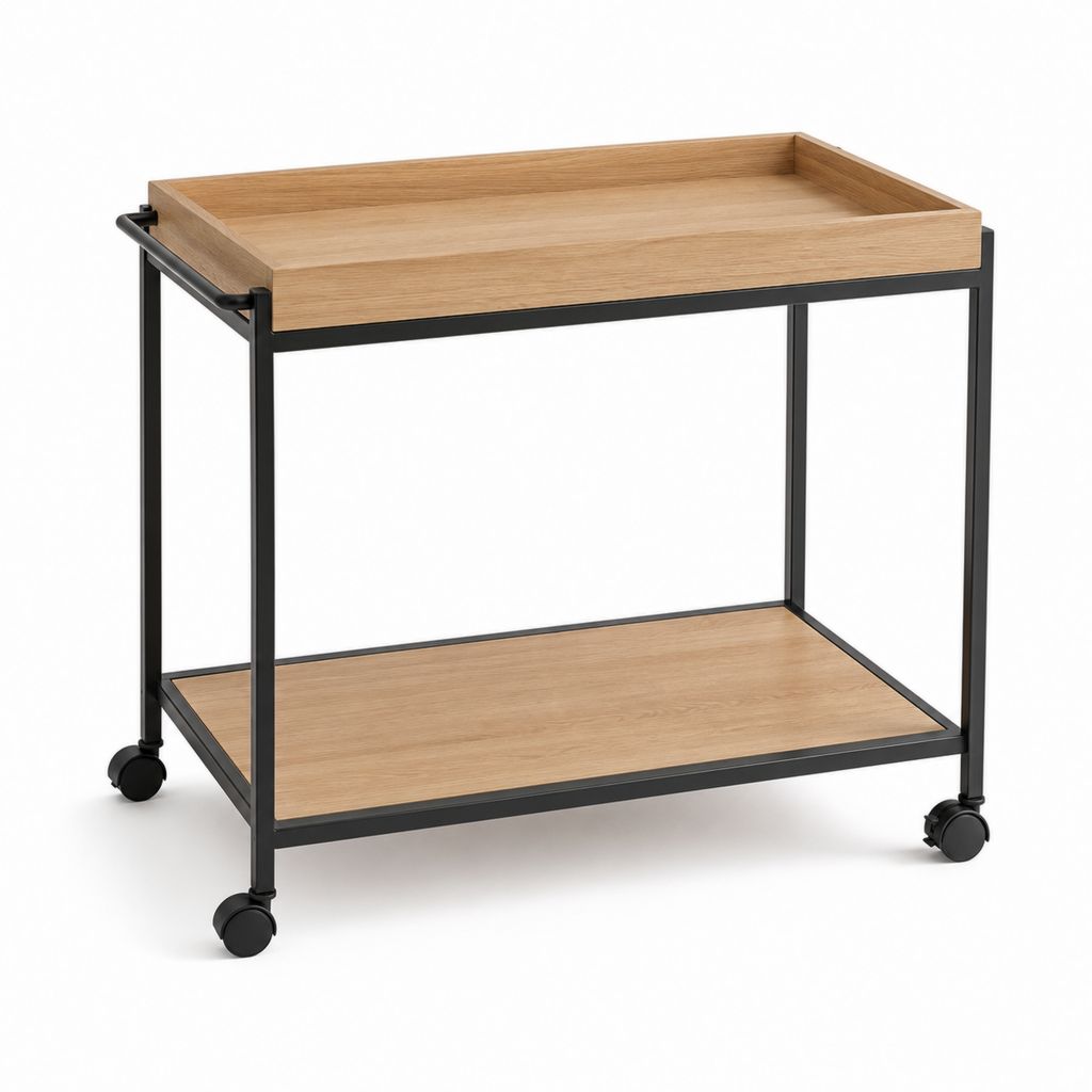 Rechteckiger Küchenwagen mit Rädern, 2 Holzböden und schwarzem Stahlrahmen, 84 × 40 × 75 cm