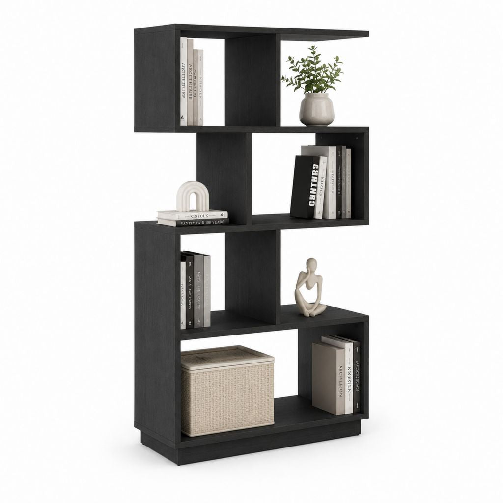 Selbsttragende Zickzack-Bibliothek in schwarzem Spanplatten, 80 × 24 × 150 cm