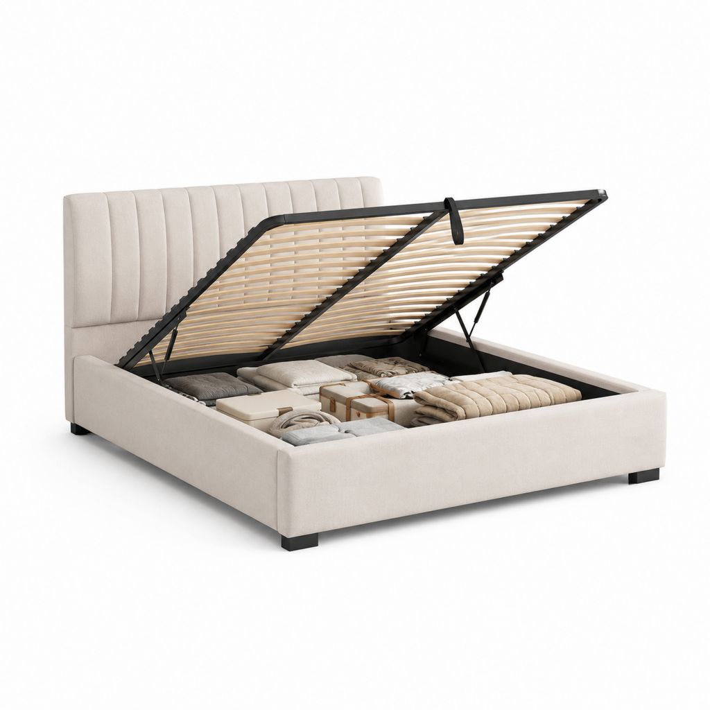 Doppelbett gepolsterter Behälter aus beigefarbenem Stoff 190 × 215 × 110 cm, Netz 180 × 200 cm und Gasheber