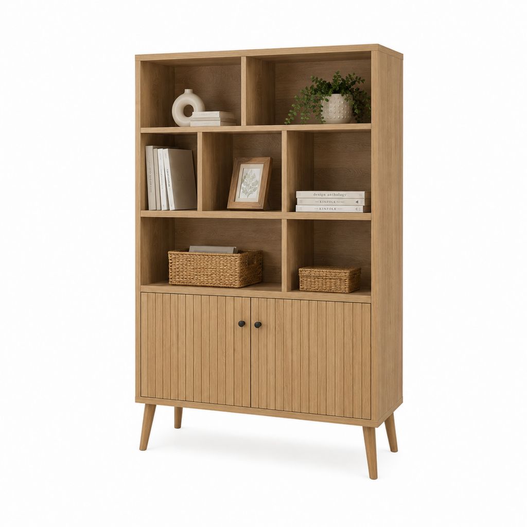 Rechteckige Holz-Bibliothek mit 2 Türen und 7 Zimmern, Eiche, 100 × 35 × 160 cm