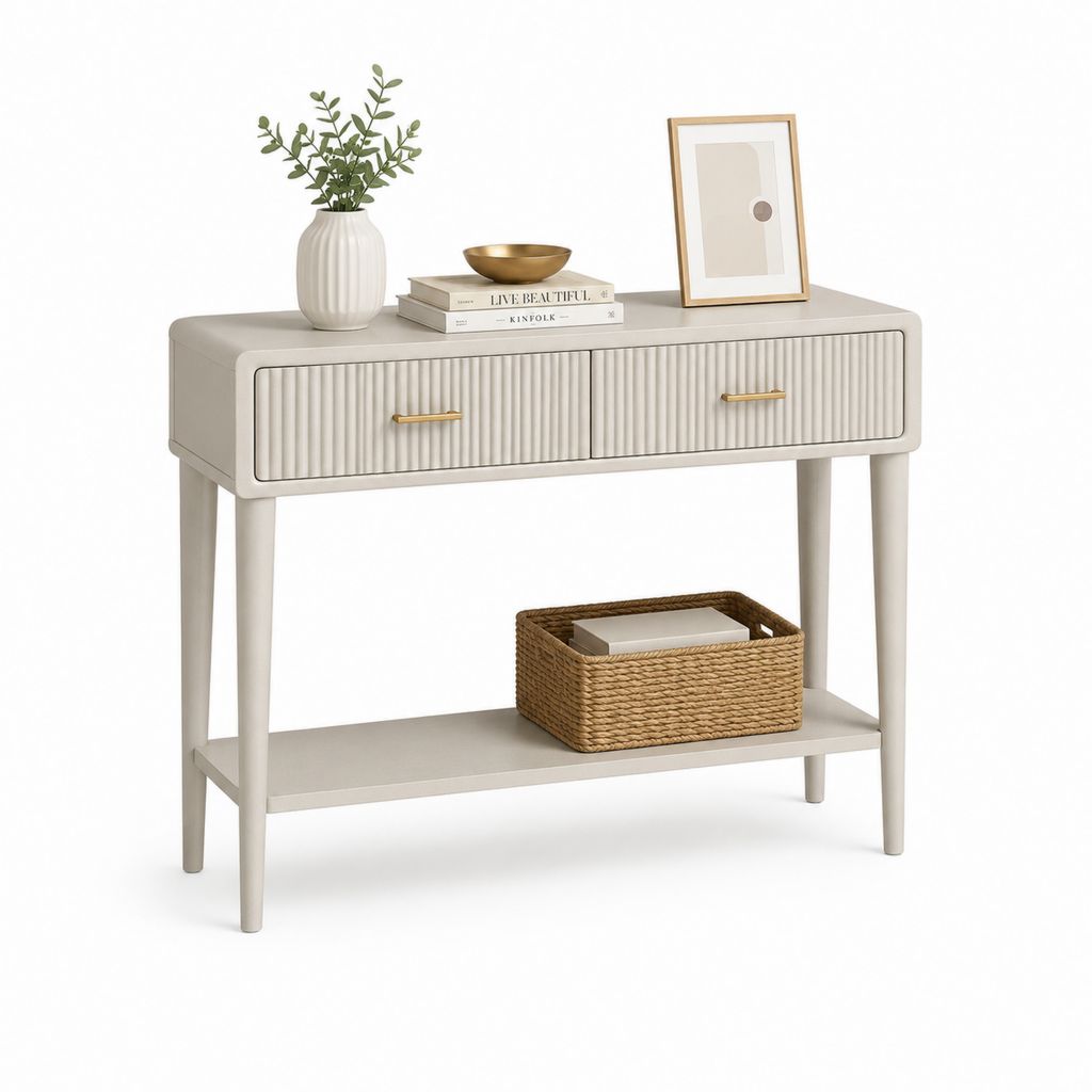 Rechteckige Konsolen aus MDF und beige Massivholz mit 2 Schubladen und Regal, 100 × 35 × 80 cm