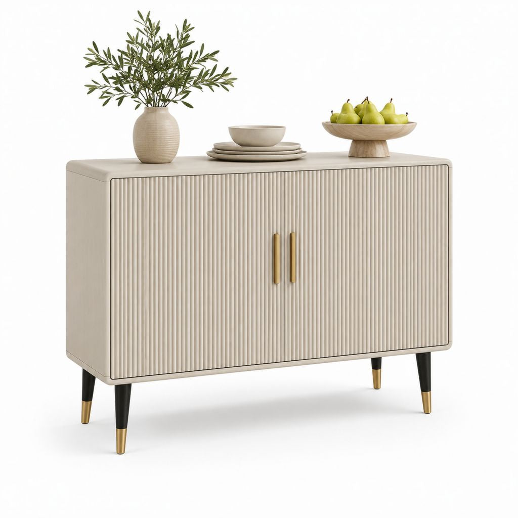 Rechteckige Buffet-Griff aus MDF beige mit 2 Rillen und Beine aus schwarzem Stahl und Gold, 120 × 40 × 80 cm