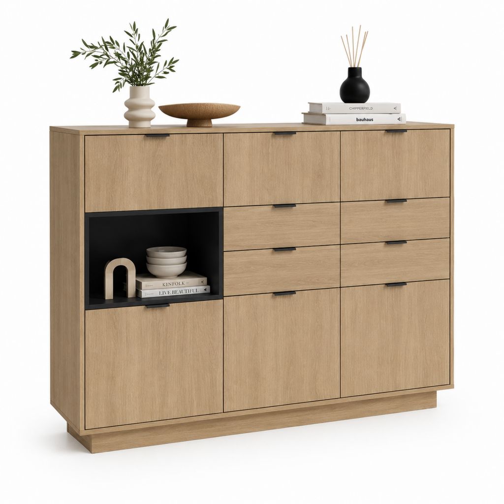 Hoch rechteckiger Glaube in Platten aus melaminischen Partikeln und Stahl, Eiche und natürliche Schwarz, 160 × 40 × 120 cm