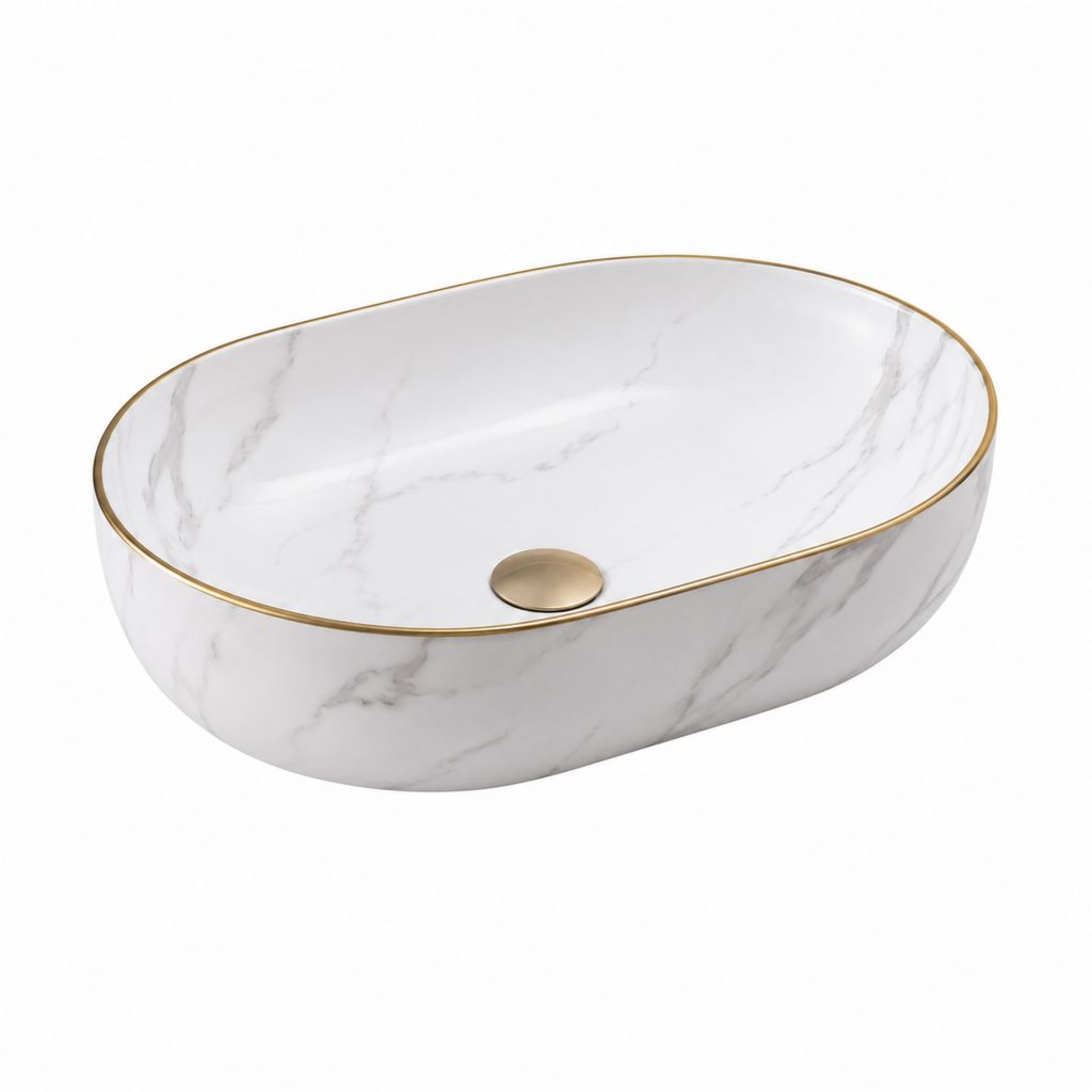Ovale Keramik-Halter Waschbecken und grauen Marmor-Effekt mit goldenem Rand, 60 × 40 × 15 cm