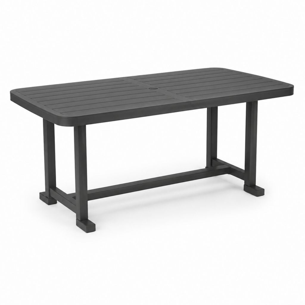 Rechteckiger Couchtisch aus anthrazitem Polypropylen mit Loch für Sonnenschirm, 150 × 90 × 72 cm