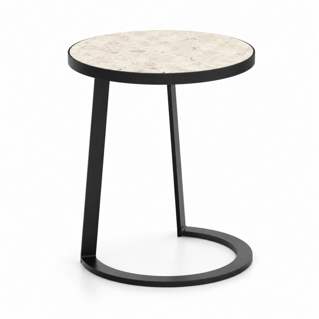 C runder Couchtisch aus MDF und schwarzem Stahl mit beige Stein-Effekt-Ebene, Ø 45 x H 55 cm