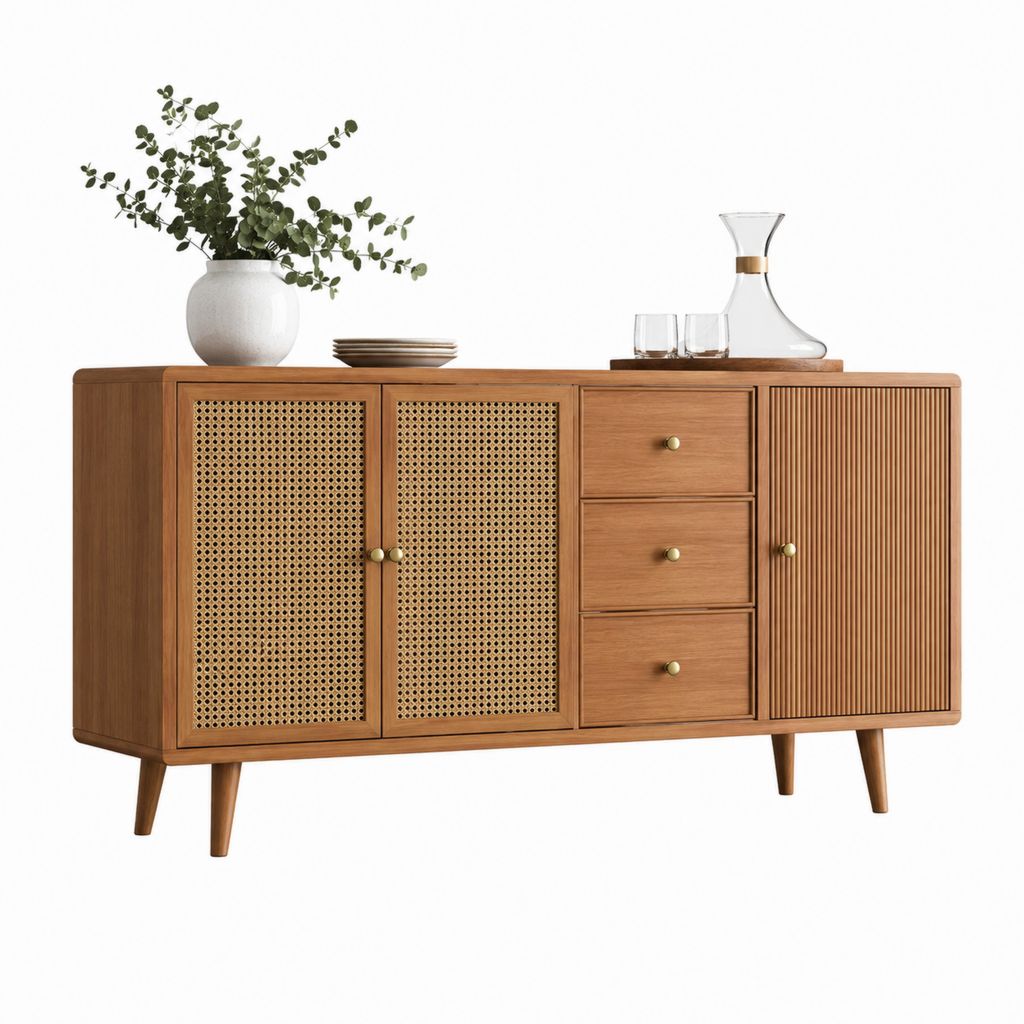 Brauner rechteckiger Schrank mit 3 Türen und 3 Schubladen aus MDF furniert Nussbaum und Rattan, 160 × 40 × 80 cm
