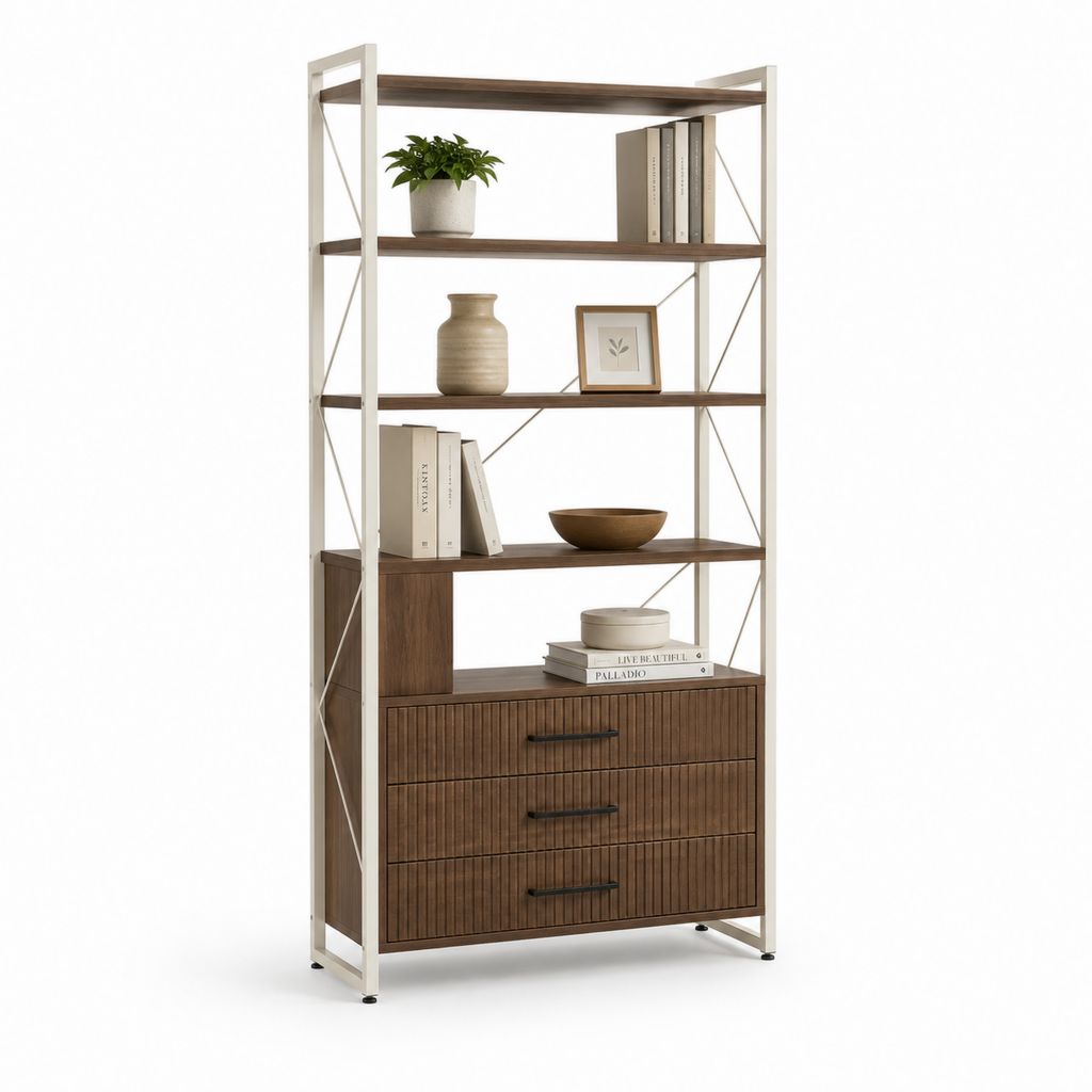 Rechteckige Bibliothek aus MDF und Stahl mit 4 Regalen und Schubladen mit 3 Schubladen, braune Nussbaum, Beige und schwarz, 80 × 35 × 180 cm