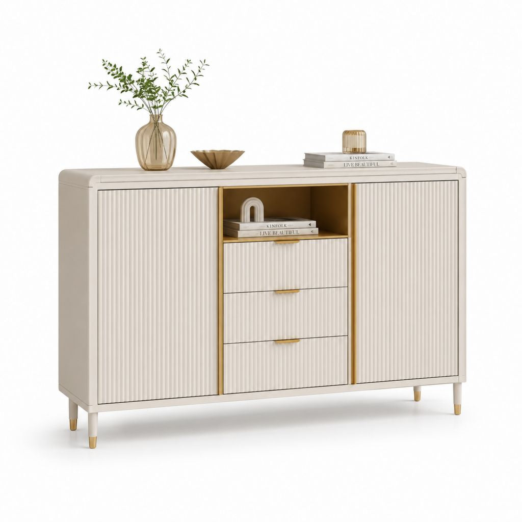 Rechteckiger Glaube aus MDF und Spanplatten mit 2 Türen, 3 Schubladen und offenem Fach, Creme und Gold, 140 × 40 × 90 cm