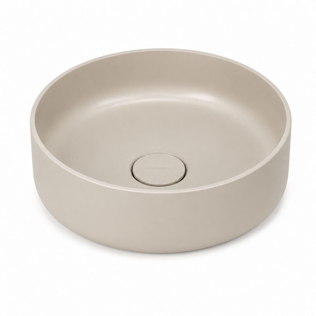 Runder Aufsatz Waschbecken aus beige Mineral-Komposit matt, Ø 40 × 12 cm