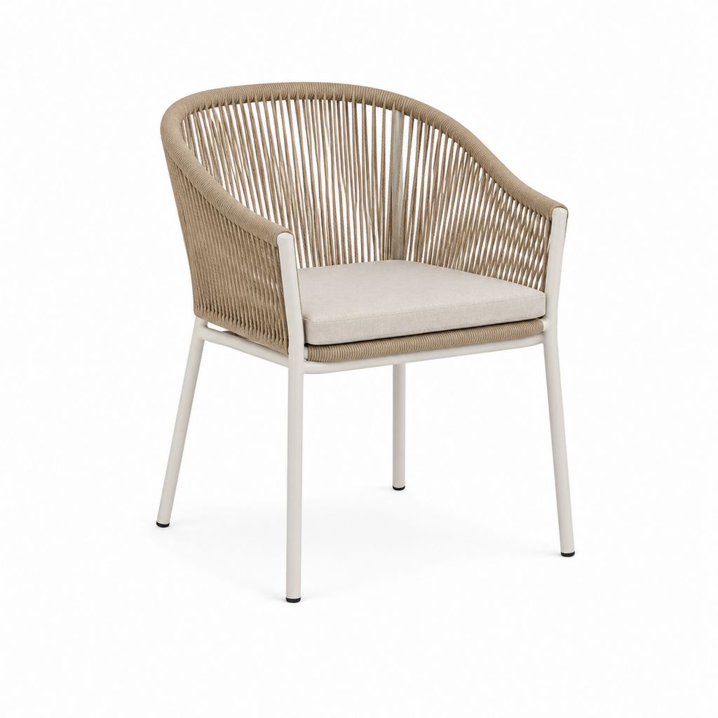 Außenstuhl mit Armlehnen aus Aluminium und PE-Seil, Beige Kissen, 57 × 60 × 80 cm
