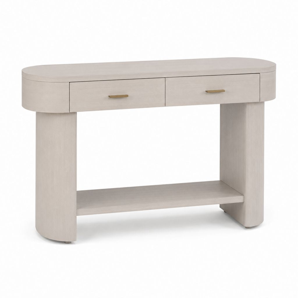 Rechteckige Konsolen mit abgerundeten Ecken, 2 Schubladen und Regal, MDF furniert Esche, helles Beige und Messing, 120 × 35 × 80 cm