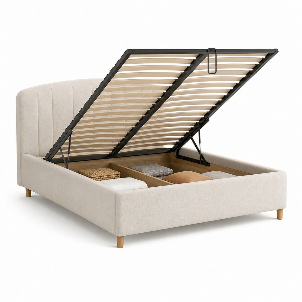Doppelbett gepolsterter Behälter aus Beige-Gewebe mit Lattennetz, 160 × 200 cm
