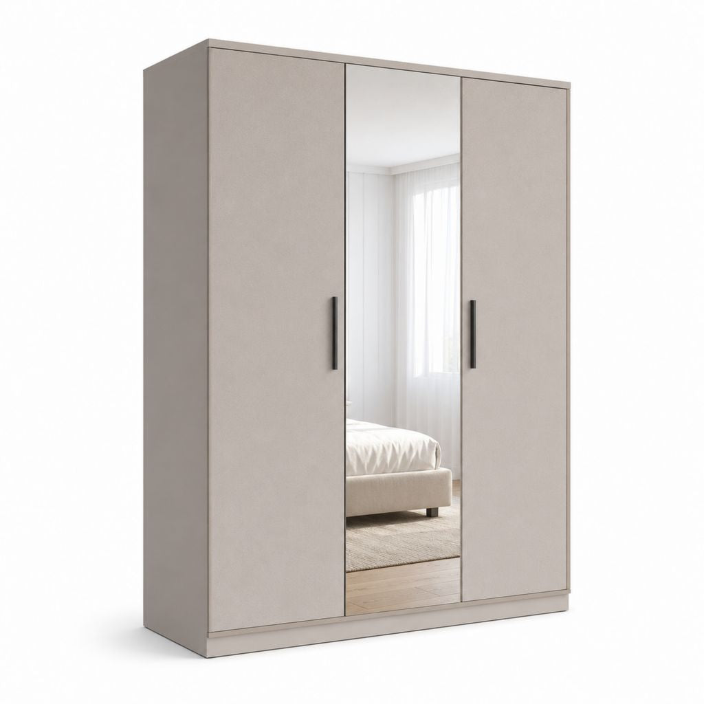 Set 3 pezzi – Schrank mit drei Türen rechteckige Schrank mit Spiegel, in Tuttara-Melamin-Panel, 150 × 55 × 200 cm