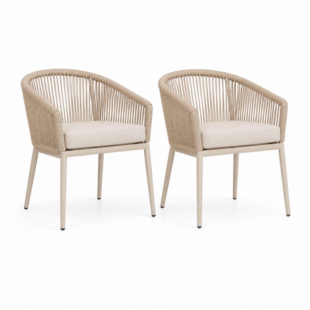 Set aus 2 Gartensesseln mit Armlehnen aus Stahl und beige PE Seil, Creme Kissen, 58 × 60 × 78 cm