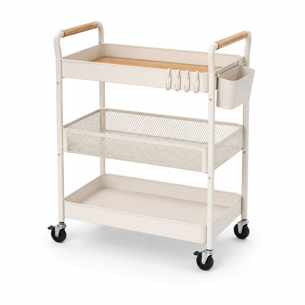 Warenkorb mit 3 Regalen aus Stahl und Bambus mit Rädern, 4 Haken und Seitenbehälter, beige, 78 × 36 × 86 cm