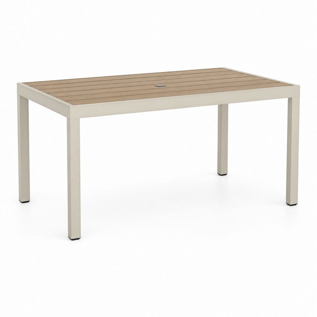 Rechteckiger Gartentisch aus Aluminium und Verbund WPC beige und braun, 150 × 90 × 74 cm, mit Loch für Sonnenschirme