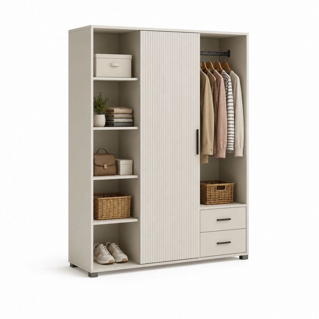 Schrank Garderobe aus beige türkis und schwarz mit Schiebetür, 2 Schubladen, 4 Regale und Stange, 120 × 50 × 180 cm