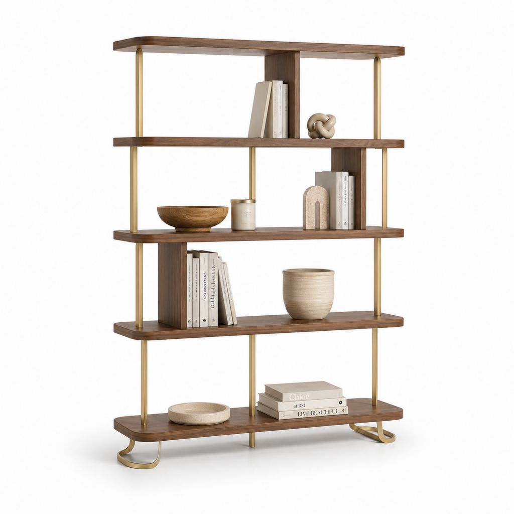 Selbsttragende rechteckige Buchhandlung mit 5 Regalen aus Holz und Metall, braune Nussbaum und Messing, 120 × 35 × 150 cm