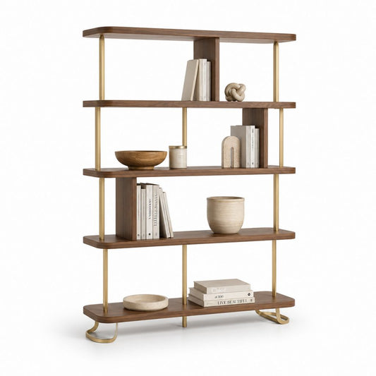 Selbsttragende rechteckige Buchhandlung mit 5 Regalen aus Holz und Metall, braune Nussbaum und Messing, 120 × 35 × 150 cm