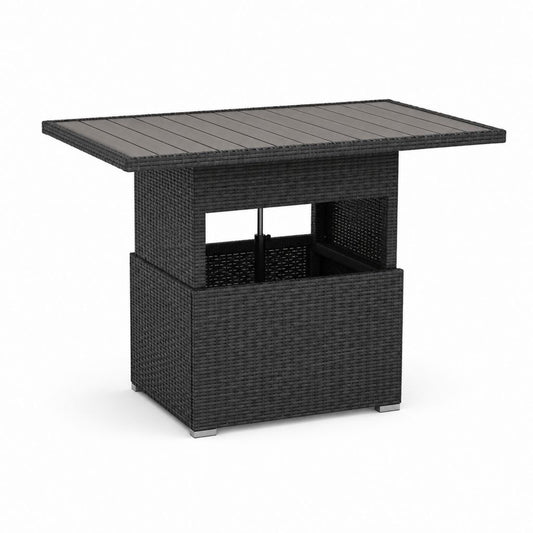 Rechteckiger Gartentisch aus Polyrattan PE und massivem Akazienholz, schwarz und grau, 100 × 60 × 44-74 cm