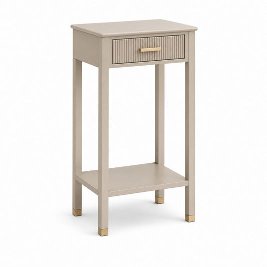 Couchtisch mit engen Konsolen aus Holz mit Schublade und Regal, Turteltaube und Gold, 40 × 30 × 80 cm