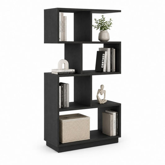 Selbsttragende Zickzack-Bibliothek in schwarzem Spanplatten, 80 × 24 × 150 cm