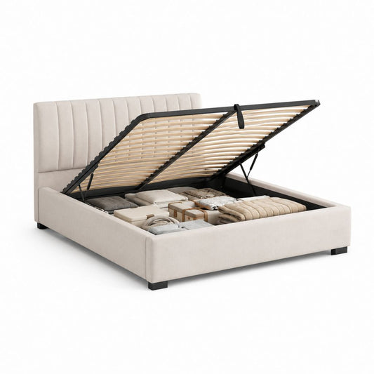 Doppelbett gepolsterter Behälter aus beigefarbenem Stoff 190 × 215 × 110 cm, Netz 180 × 200 cm und Gasheber