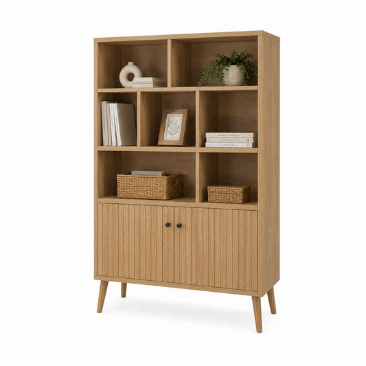 Rechteckige Holz-Bibliothek mit 2 Türen und 7 Zimmern, Eiche, 100 × 35 × 160 cm