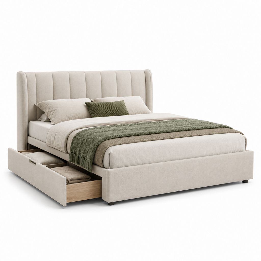 Beige Doppelbett gepolsterter Behälter mit Lattennetz und 2 Seitenschubladen, für Matratze 160 × 200 cm, 217 × 177 × 110 cm