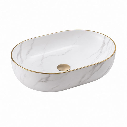 Ovale Keramik-Halter Waschbecken und grauen Marmor-Effekt mit goldenem Rand, 60 × 40 × 15 cm