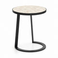 C runder Couchtisch aus MDF und schwarzem Stahl mit beige Stein-Effekt-Ebene, Ø 45 x H 55 cm