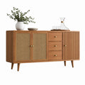 Brauner rechteckiger Schrank mit 3 Türen und 3 Schubladen aus MDF furniert Nussbaum und Rattan, 160 × 40 × 80 cm