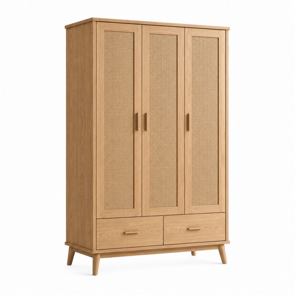 Schrank rechteckige Schrank mit 3 Türen und 2 Schubladen aus Holz und Rattan, Eiche und Beige, 120 × 55 × 190 cm