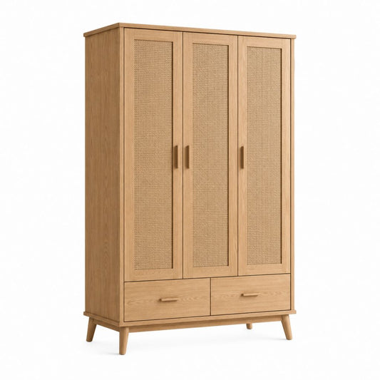 Schrank rechteckige Schrank mit 3 Türen und 2 Schubladen aus Holz und Rattan, Eiche und Beige, 120 × 55 × 190 cm