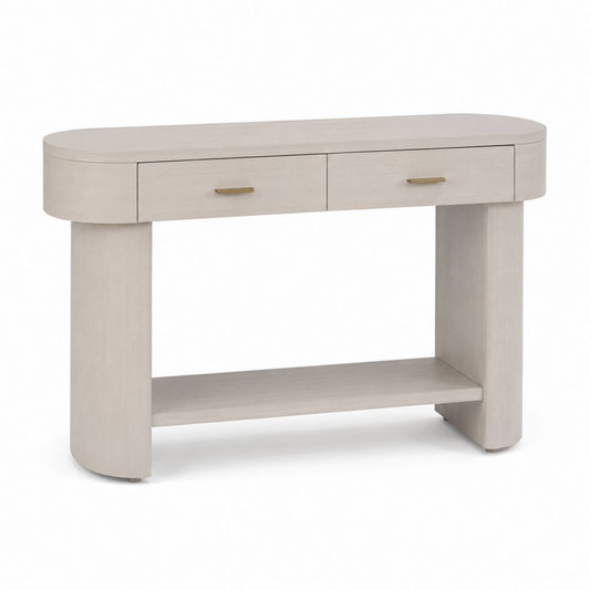 Rechteckige Konsolen mit abgerundeten Ecken, 2 Schubladen und Regal, MDF furniert Esche, helles Beige und Messing, 120 × 35 × 80 cm