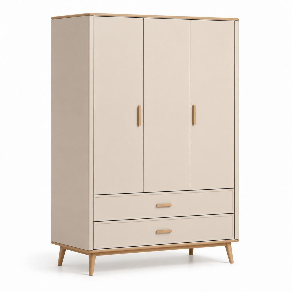 Schrank rechteckigen Holzschrank mit 3 Türen und 2 Schubladen, beige und hellbraun, 120 × 55 × 190 cm