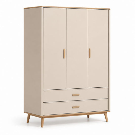 Schrank rechteckigen Holzschrank mit 3 Türen und 2 Schubladen, beige und hellbraun, 120 × 55 × 190 cm