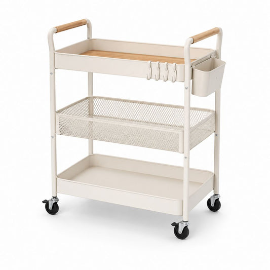 Warenkorb mit 3 Regalen aus Stahl und Bambus mit Rädern, 4 Haken und Seitenbehälter, beige, 78 × 36 × 86 cm