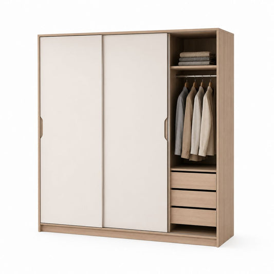 Kleiderschrank aus Holz mit 2 Schiebetüren und 3 Schubladen, Eiche hell und weiß Creme, 180 × 60 × 200 cm